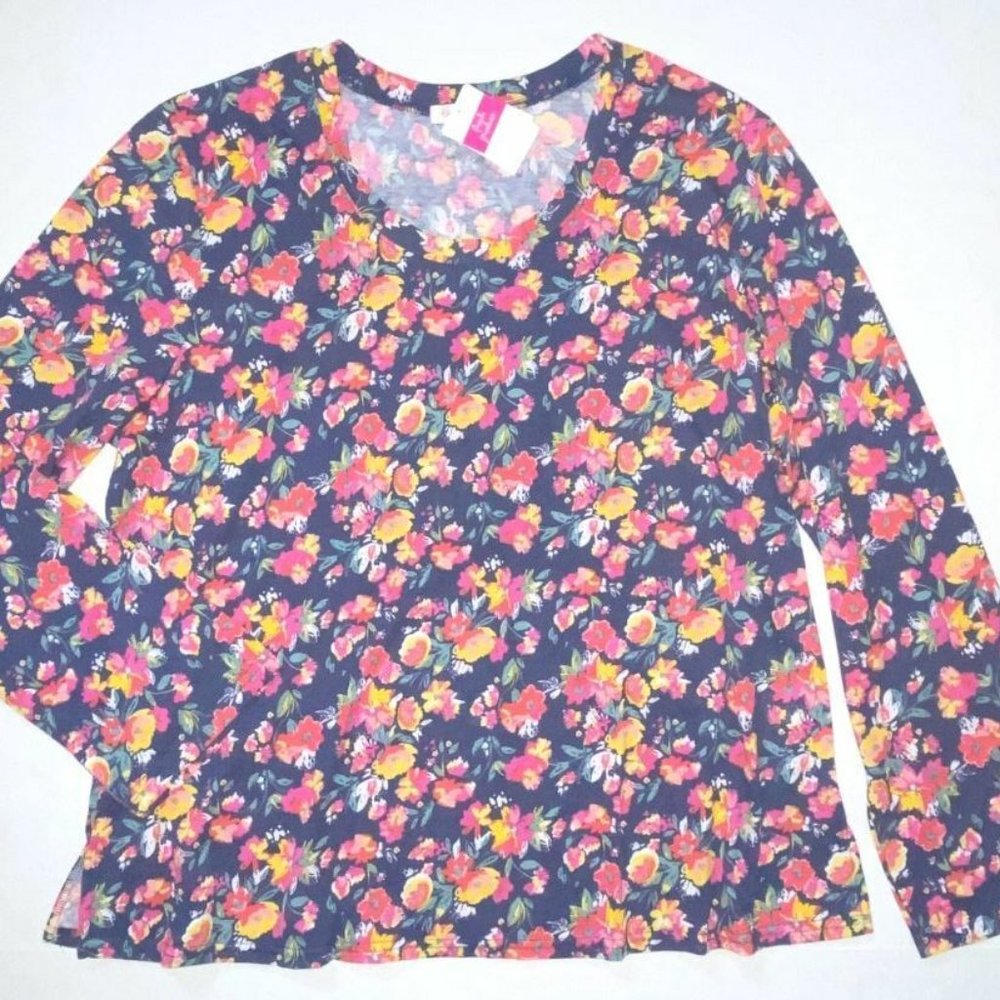 FRESH PRODUCE 1X Blue $49 Garden Blooms FLORAL Scoop LS Jersey Tee Top NWT New